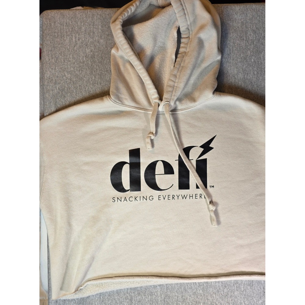 Defi Snacking Everywhere Cropped Hoodie Cream Tan Graphic Pullover Sweatshirt
